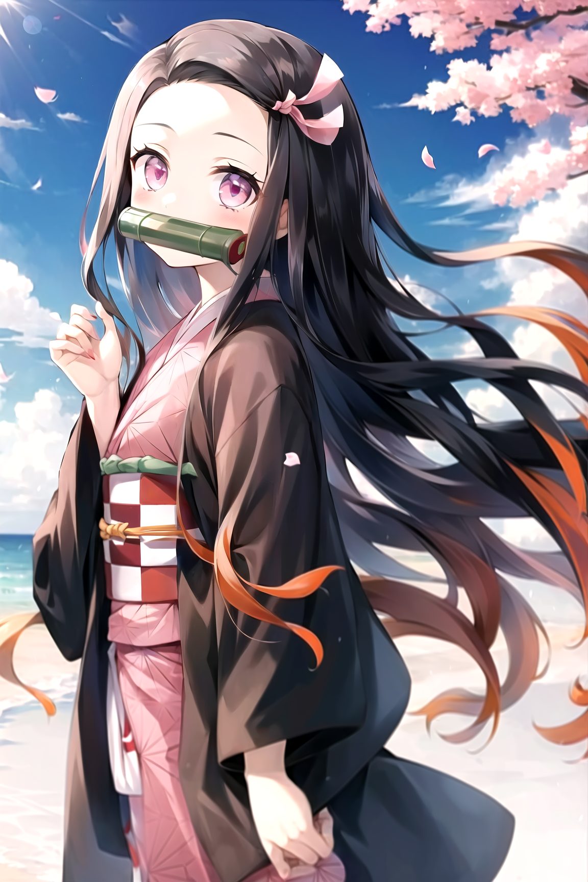 kamado nezuko, 1girl, black hair, forehead, hair ribbon, japanese clothes, kimono, long hair, multicolored hair, open mout...